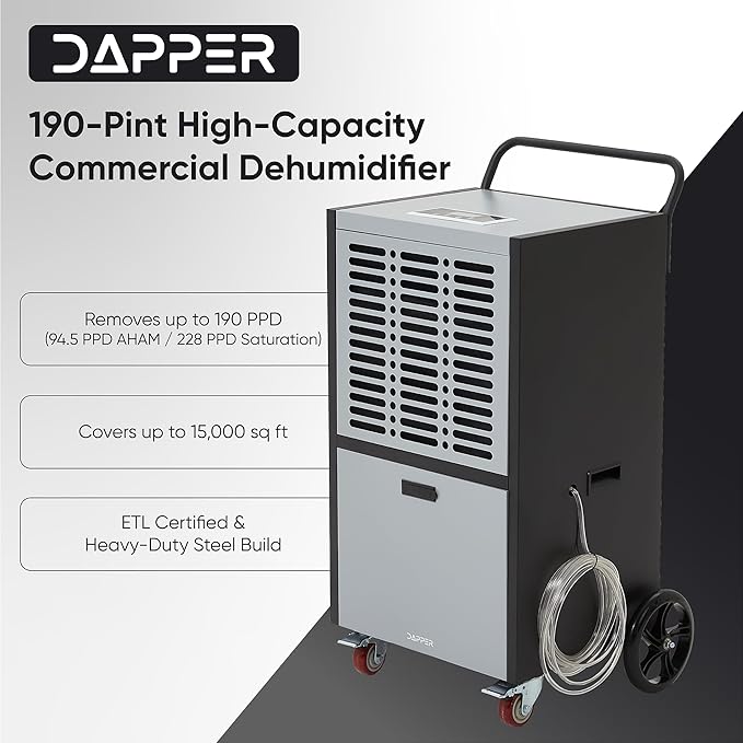 190 Pints Commercial Dehumidifier for Basements & Industrial Spaces – Built-In Pump, Drain Hose, Continuous Operation, 2-Speed Fan, 15000 Sq Ft Coverage