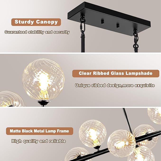 Large Chandeliers for Dining Room, 16-Light Modern Chandelier Sputnik Chandeliers Black Dining Room Light Fixture with Clear Globe Sputnik Ceiling Light Fixture Linear Chandelier over Kitchen Island