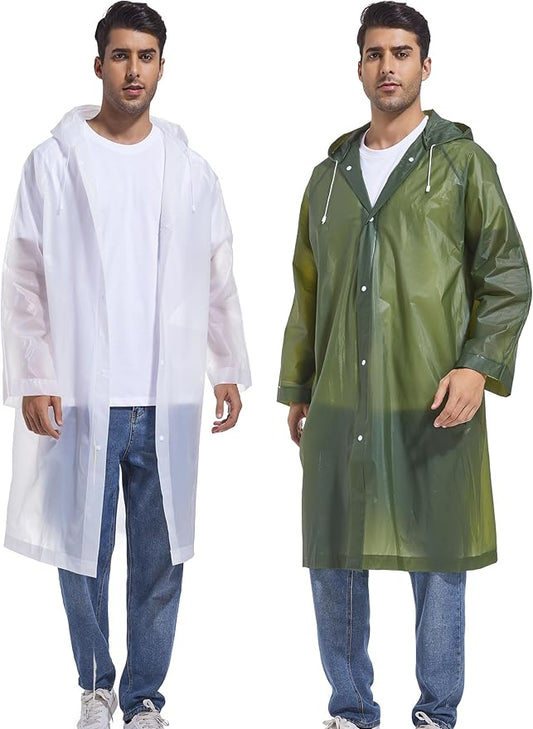 2-Pack Reusable Rain Ponchos for Adults, HOOMBOOM Raincoats Emergency for Women/Men with Drawstring and Sleeves