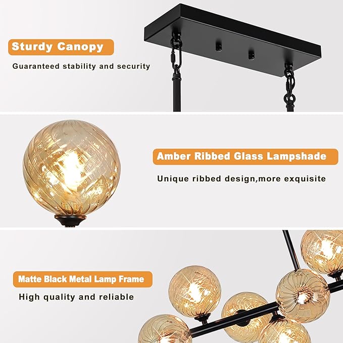 Dining Room Light Fixture, 55" Modern Chandelier Linear Sputnik Chandeliers with Amber Swirled Globe Farmhouse Chandeliers for Dining Room Kitchen island 16 Lights Large Chandelier for High Ceiling