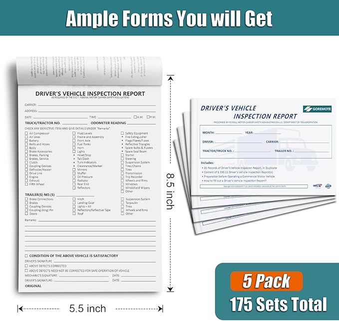 Detailed Driver's Vehicle Inspection Report, 5 Pack, Daily Pre Trip Inspection Book for Trucker, 2-Ply Carbonless, 35 Sets of Forms per DVIR Log Book for Truck Drivers, 8.5" x 5.5"