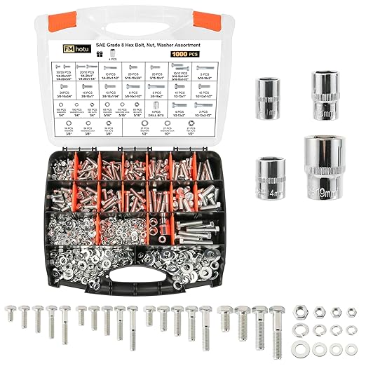 1000PCS Grade 8 Bolt Assortment Kit, Heavy Duty Bolts and Nuts Kit, 1/4-20 5/16-18 3/8-16 1/2-13 SAE Grade 8 Alloy Steel Hex Cap Screws Nuts Washers, Comes with 4 Bits（Zinc Plated）