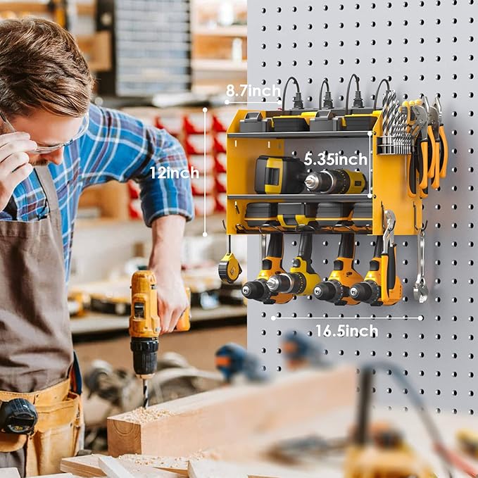 CCCEI Modular Power Tool Organizer Wall Mount with Charging Station. Garage Drill Storage Shelf with Hooks, Heavy Duty Rack, Tool Battery Holder Built in 8 Outlet. Gift for Men. Yellow.