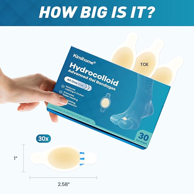 Hydrocolloid Blister Bandages for Feet - 30ct Gel Blister Bandages - Blister Cushions for Heel, Toe - Blister Prevention for Travel - Water Resistant Bandages Pads (Toe Pack)