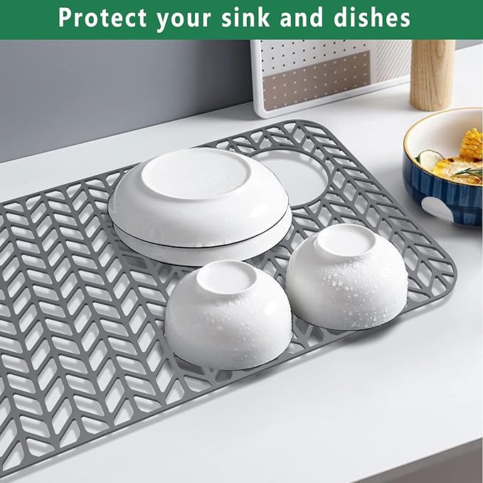 GUUKIN Sink Protectors for Kitchen Sink - 28.6"x 14.5" Silicone Kitchen Sink Mat Grid for Bottom of Farmhouse Stainless Steel Porcelain Sink with Right & Left Drain（Grey）, 2814R