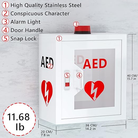 NLShan Wall-Mounted AED Cabinet: Steel Defibrillator Storage Case with Alarm & Handle - Fits Zoll/Cardiac Science/Physio-Control All aed Brands (14.2" Wx7.9 Dx15.8 H)