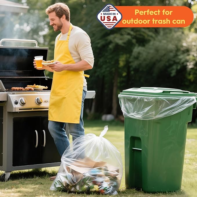 Delxo 55-60 Gallon Trash Bags, 100 Count – 0.9 Mil Medium Duty Garbage Bags, Durable & Puncture-Resistant Plastic Bolsas para basura, Perforated Design– Made in USA for Kitchen, Yard, Office (Clear)