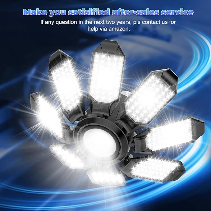 Garage Lights - Super Bright 25000LM Garage Lights Ceiling Led w/ 8 Deformable Panels 6500K Led Light Bulb Srew in E26/E27 Socket with Adjustable Center Spotlight for Barn Workshop Attic