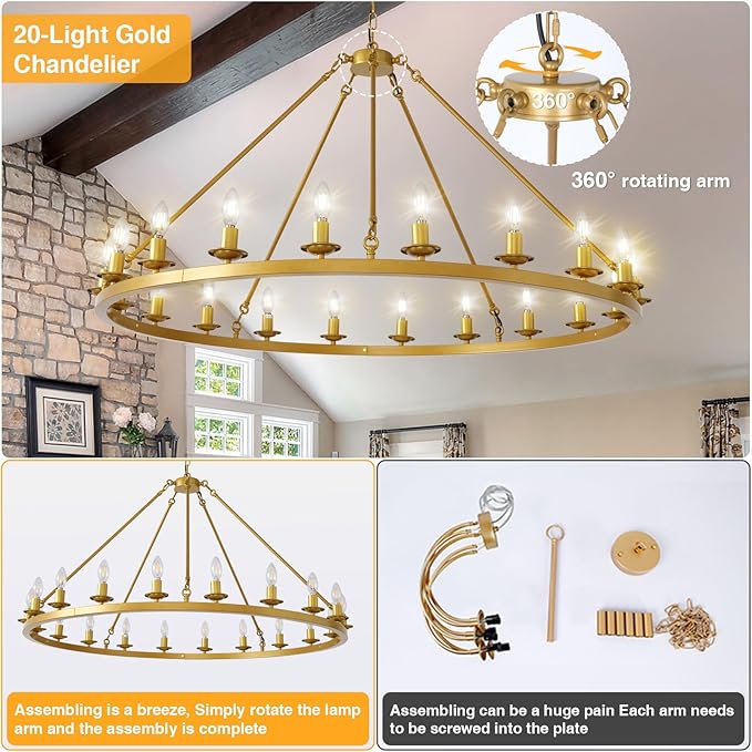 Wagon Wheel Chandelier, 20-Light Gold Modern Rustic Large Farmhouse Chandelier Adjustable Height Light for Ceiling Living Room, Entryways, Foyer,Dining Room, Kitchen