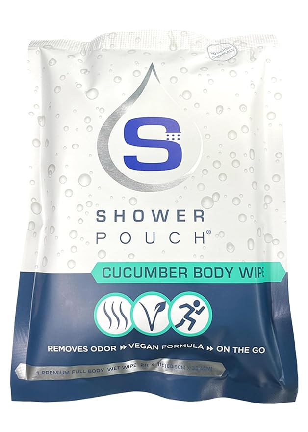 Shower Pouch XL (2' x 1') Bathing Body Wipes for Adults – Aloe-Infused Heatable & Reusable Bath Wipes for Camping, Travel, Outdoor – (10 Pack) Cucumber Scent