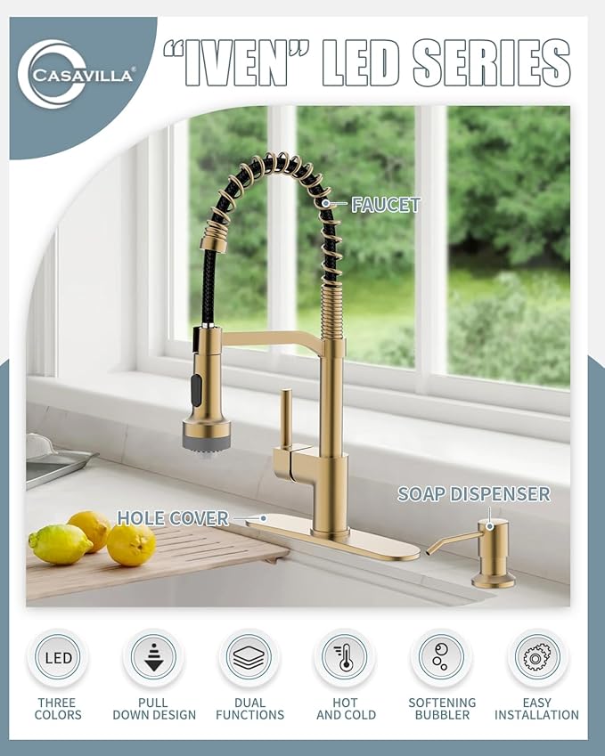 LED Kitchen Faucet with Soap Dispenser, Gold Kitchen Faucet, Faucet for Kitchen Sink, Single Handle Stainless Steel Camper Farmhouse RV Sink Faucets with Pull Down Sprayer