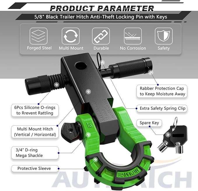AUTMATCH Shackle Hitch Receiver 2" with 3/4" Mega D Ring Shackle and 5/8" Trailer Hitch Lock Pin, 68,000 Lbs Break Strength Heavy Duty Receiver Towing Kit for Off-Road Vehicle Recovery, Black & Green
