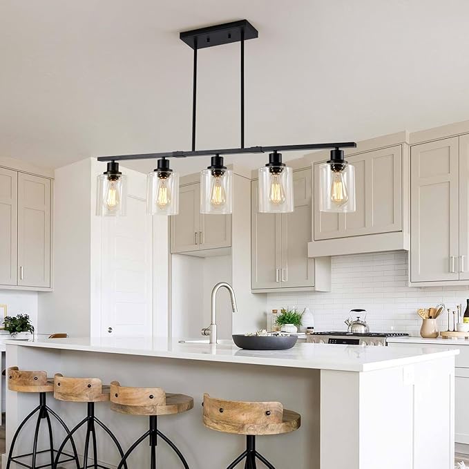 39.4" Kitchen Island Lighting, 5 Lights Clear Glass Pendant Light Fixtue, Black Linear Metal Chandelier for Dining&Living Room Foyer,Height Adjustable,E26 Socket