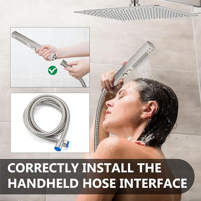 Shower Faucet Set Rainfall Shower System with Square Showerhead and Handle Set Fixture with 2 in 1 Function Handheld Sprayer Wall Mounted Trim Repair Kit Rough-in Valve 16 Inch Brushed Nickel