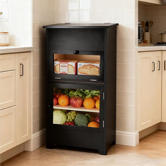 Large Potato and Onion Storage Bin - Wooden Stackable Bread Storage Box with Lid & Mesh Doors, Decorative Fruit and Vegetable Organization Cabinet for Kitchen, 15.75"W x 10.7"D x 33.5"H (Black)