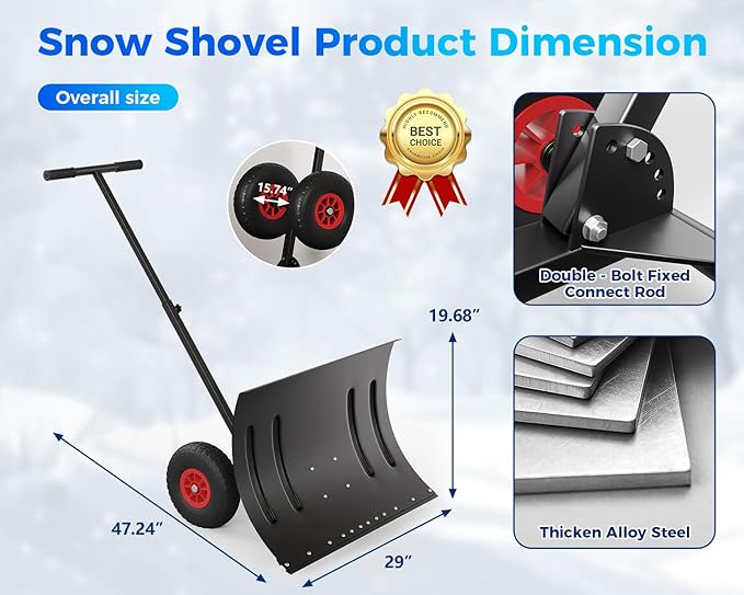 GarveeLife 29" Snow Shovel Pusher for Driveway, Heavy Duty Metal Wheeled Snow Plow with Adjustable Handle&Angled Blade,Ergonomic Single Rod Snow Removal Tool for Doorway/Sidewalk(Black