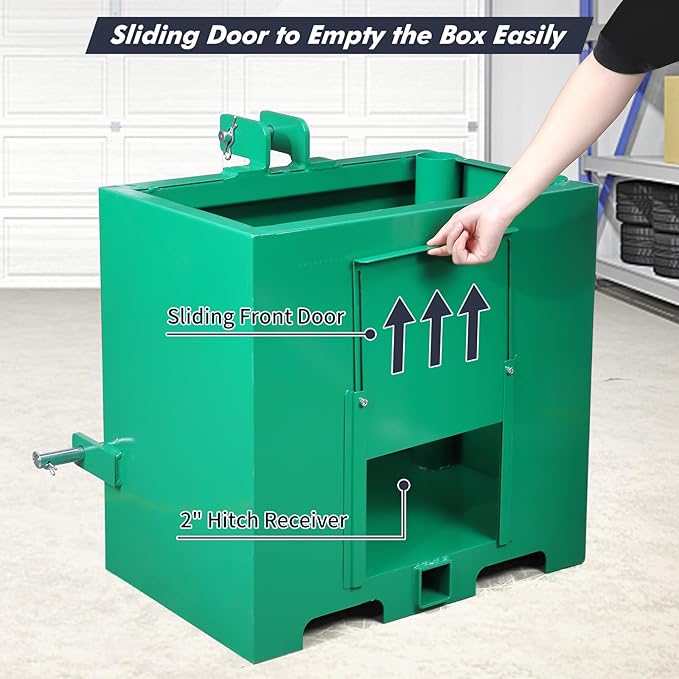GAOMON 3 Point Ballast Box, 800lbs Capacity, Standard 2 inch Hitch Receiver,with 5cu.ft Volume, Heavy Duty Steel, Fits Category 1 Tractor Attachment, Green