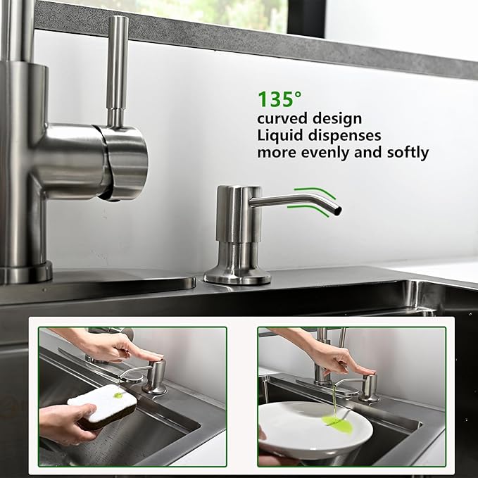 Built in Soap Dispenser for Kitchen Sink, Stainless Steel Brushed Nickel Countertop Pump Head, Dish Soap Hand Lotion Dispenser with Refillable 16.9oz Bottle