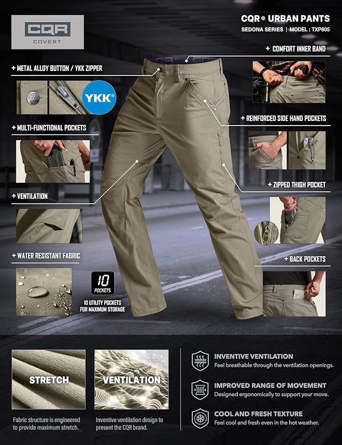 CQR Men's Vent Stretch Pants, Quick Dry Lightweight Casual Cargo Pants, Water Resistant Straight-Fit Utility Work Pants