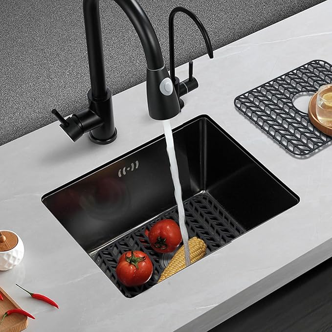 Sink Protectors for Kitchen Sink 12"13"16"18"19"24"26"28"29"30",Silicone kitchen sink mats protector for bottom of farmhouse sink(16.2"×12.5"Black)
