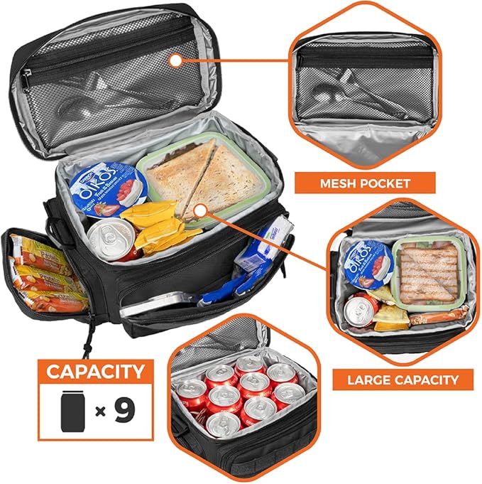 opux Tactical Lunch Box for Men, Black Mens Insulated Lunch Bag for Adult, Leakproof Soft Lunch Cooler with MOLLE Mesh Side Pockets, Multicam Heavy Duty Lunchbox Pail for Work Women, Medium 10 Cans