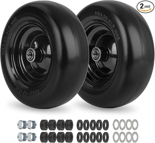 11x4.00-5” Flat Free Lawn Mower Tire and Wheel with Bearing Bore 3/4" or 5/8", 3.4"-4"-4.5"-5" Centered Hub, Smooth Tread Tire for Zero Turn Mowers, 2 Pack