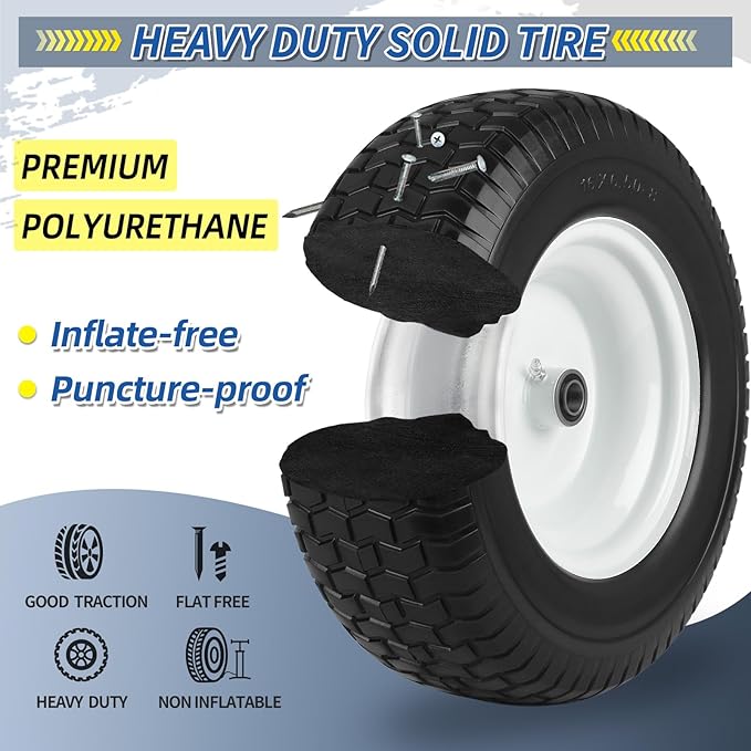 16x6.50-8 Flat Free Riding Lawn Mower Tire and Wheel, 2 Pcs 16x6.5-8nhs Garden Tractor Lawnmower Tyre, with 3/4" & 5/8" Bearing, 3" -4.5" -6" Centered Hub