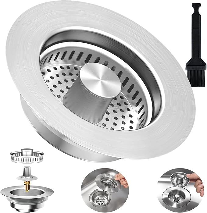 3-in-1 Kitchen Sink Drain Strainer Stopper, Upgraded Stainless Steel Sink Plug with Anti-Clog Filter Basket, Fits Standard 3-1/2 Inch Drain Hole, Pop Up Garbage Disposal Cover, Universal Food Catcher