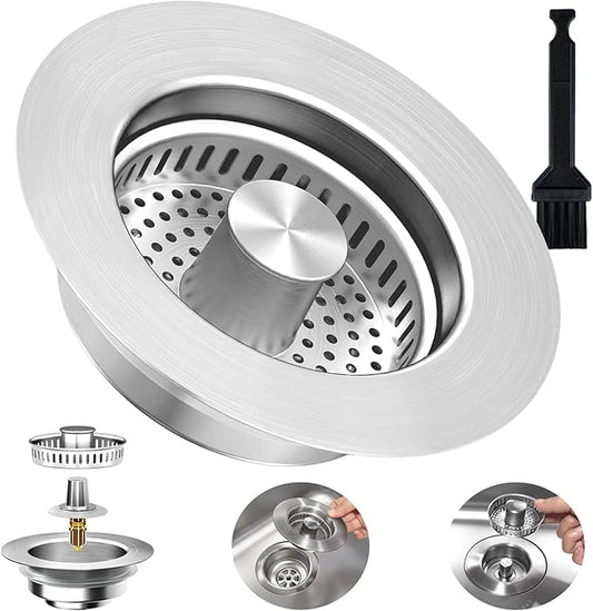 3-in-1 Kitchen Sink Drain Strainer Stopper, Upgraded Stainless Steel Sink Plug with Anti-Clog Filter Basket, Fits Standard 3-1/2 Inch Drain Hole, Pop Up Garbage Disposal Cover, Universal Food Catcher