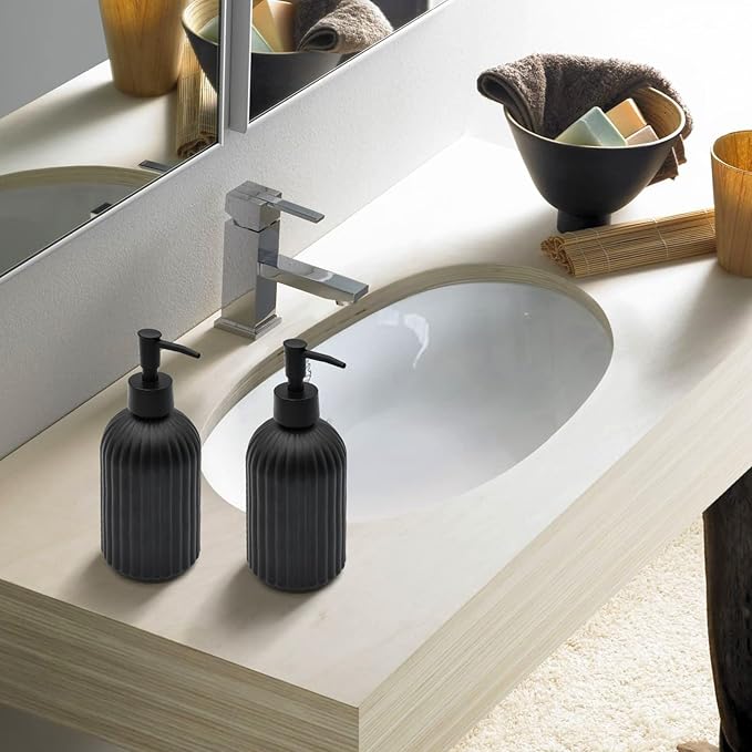 2 Pack Glass Soap Dispenser Bottle with Pump, 14 Oz Refillable Liquid Hand Jar Dispenser for Bathroom, Countertop, Kitchen, Laundry Room (Black)