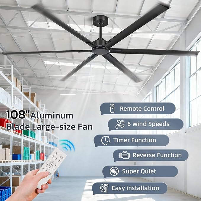 108 Inch Large Industrial Ceiling Fans, HVLS Commercial Fan with DC Reversible Motor, 6 Black Aluminum Heavy Duty Blades, 6-Speed, Timer, 10/20/40 Inch Downrods, for Shop/Barn/Garage (108 inch)