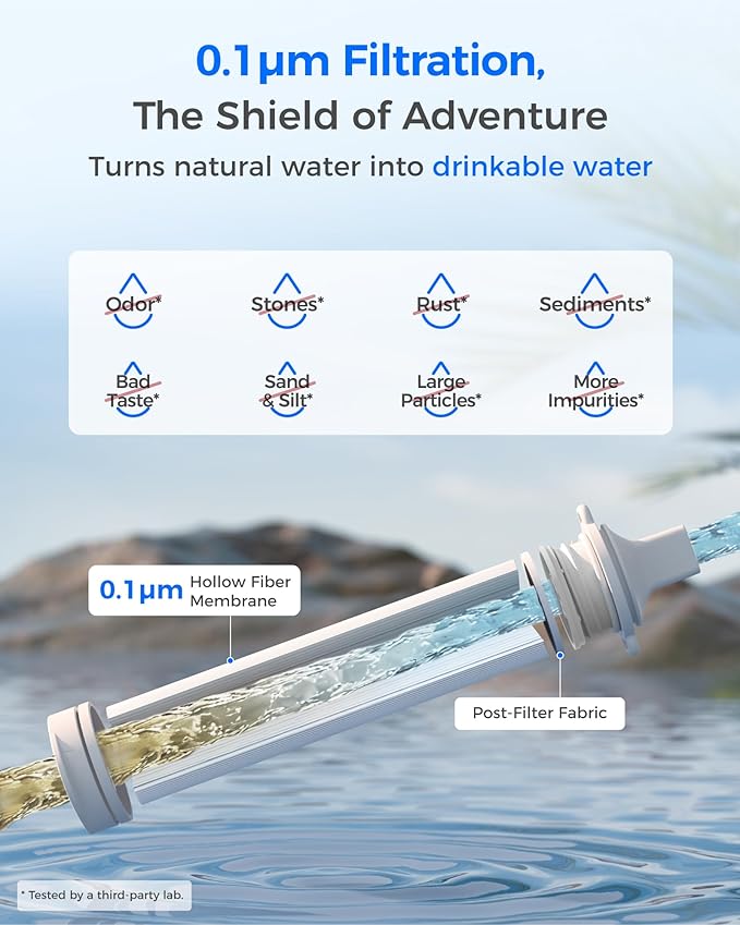 Waterdrop Gravity Water Filter Straw, Camping Water Filtration System, Water Purifier Survival for Travel, Backpacking and Emergency Preparedness, 1.5 gal Bag, 0.1 Micron, 5 Stage Filtration