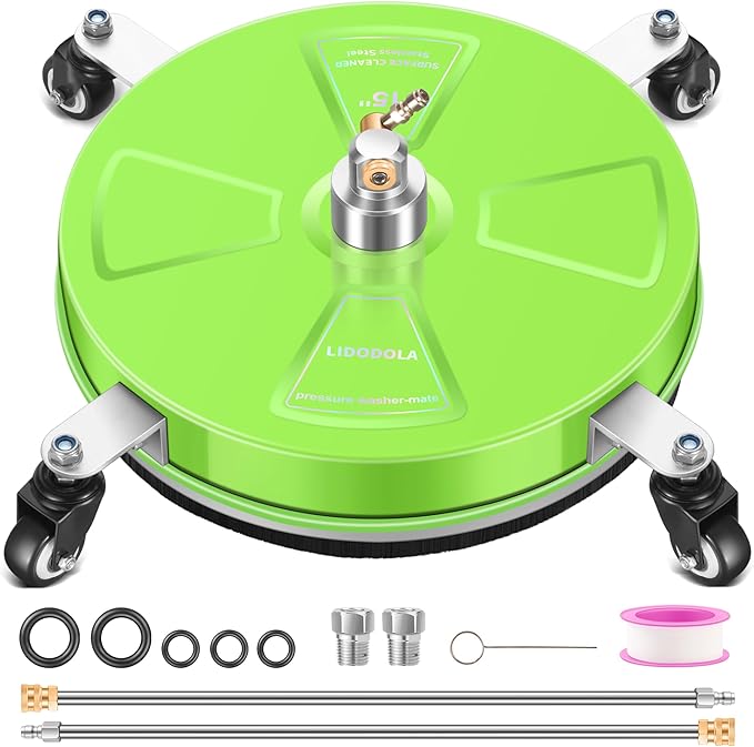 15“ Pressure Washer Surface Cleaner with 4 Wheels - Coated Green Stainless Steel Surface Cleaner for Pressure Washer Attachment for Concrete, Driveway, Patio, Sidewalk, Deck and Driveways - PWS15G