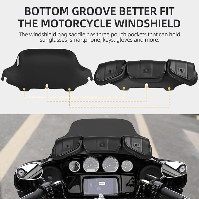 Motorcycle 8" Windshield and Bag Pack, Motorcycle Windscreen with 3 Pouch Bag Fit for 1996-2013 Harley Davidson Touring Street Glide Electra Glide FLH FLHT FLHX FLHTK, Smoke