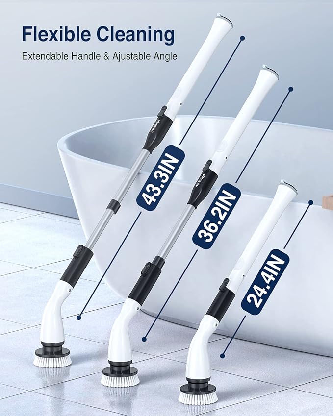 LABIGO Electric Spin Scrubber LA1 Pro, Cordless Spin Scrubber with 4 Replaceable Brush Heads and Adjustable Size Extension Handle Power Full Cleaning Brush for Bathroom Floor (Deep Black)