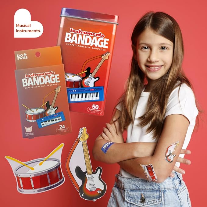 BioSwiss Kids Bandages, Musical Instruments Shaped Self Adhesive Bandage Set, Latex Free, Sterile Wound Care, 24 Count