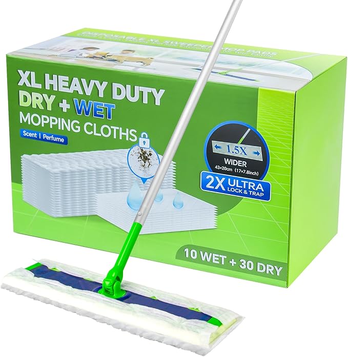 40 Count XL Heavy-Duty Dry+Wet Mop Cloths Kit for Swiffer Sweeper XL - Disposable XL Wet Pad Refills - Multi-Surface Pads Kit Includes 30 Dry Sweeping Cloths & 10 Wet Mopping Pads for Floor Cleaning