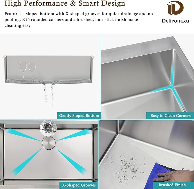 33 Inch Undermount Kitchen Sink – Delironexu 16 Gauge Stainless Steel Sink, Single Bowl Kitchen Sinks Undermount, 33x19 kitchen sink with Bottom Grid, Drain & Towel