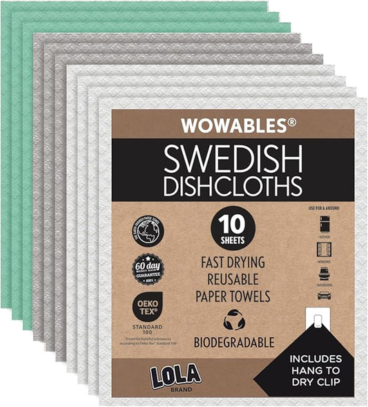 LOLA Swedish Dishcloths, 10 Sheets Biodegradable Reusable Paper Towels Absorbent Kitchen Sponge Cloths Zero Waste No Odor, Made in Germany