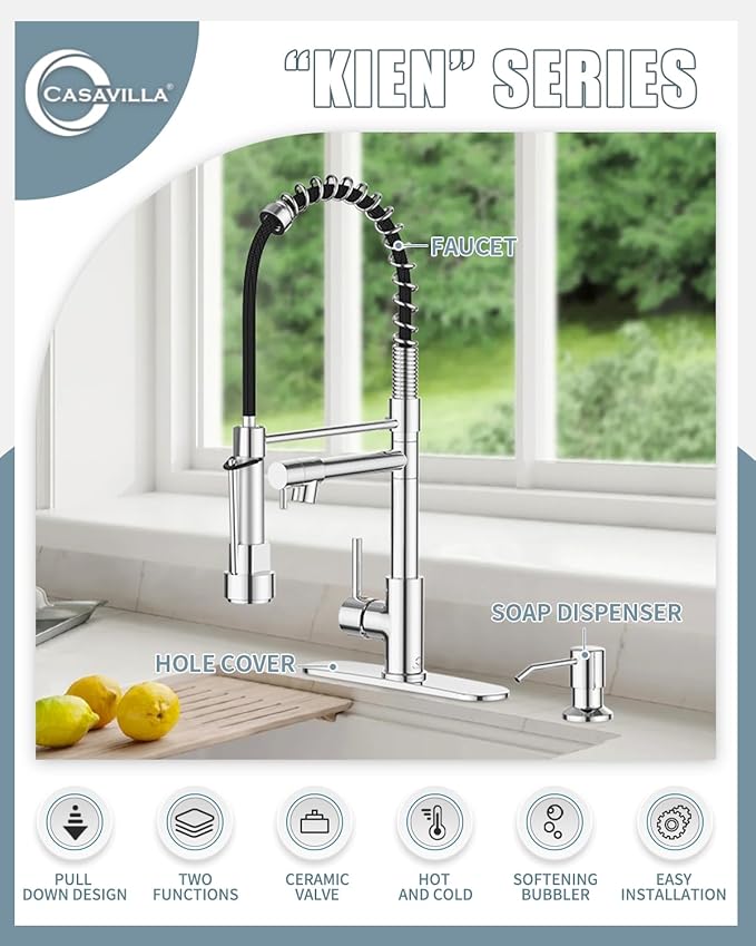 Kitchen Faucet with Soap Dispenser, Kitchen Faucet with Deck Plate and Dual Function Spray Head, Chrome Faucet for Camper Farmhouse RV Kitchen Sink, Single Handle Stainless Steel Sink Faucet