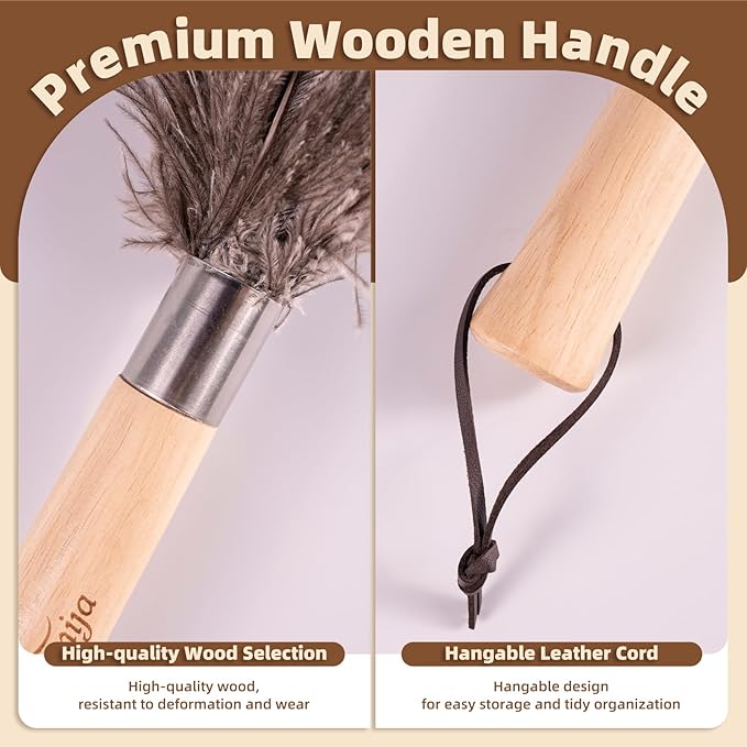 2 PCS Ostrich Feather Dusters with Wooden Handle, 13.5 inch Natural Fluffy Feather Dusters for Dusting Home, Car, Delicate Surfaces, Reusable Soft Cleaning Tools for Ledges, Blinds