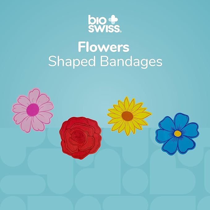 BioSwiss Kids Bandages, Flowers Shaped Self Adhesive Bandage Set, Latex Free, Sterile Wound Care, 24 Count