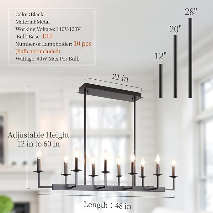 48-Inch Rustic Black Linear Chandelier,Extra Long Candle Chandelier,Black Light Fixture for Dining Room Living Room Kitchen Island, Modern Rectangular Chandelier(10-Light,Bulbs Not Included)