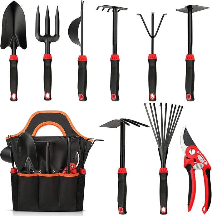 10 Pack Garden Tool Set - Carbon Steel Heavy Duty Gardening Set with Non-Slip Handles & Carry Bag Garden Hand Tools Gift for Women and Men