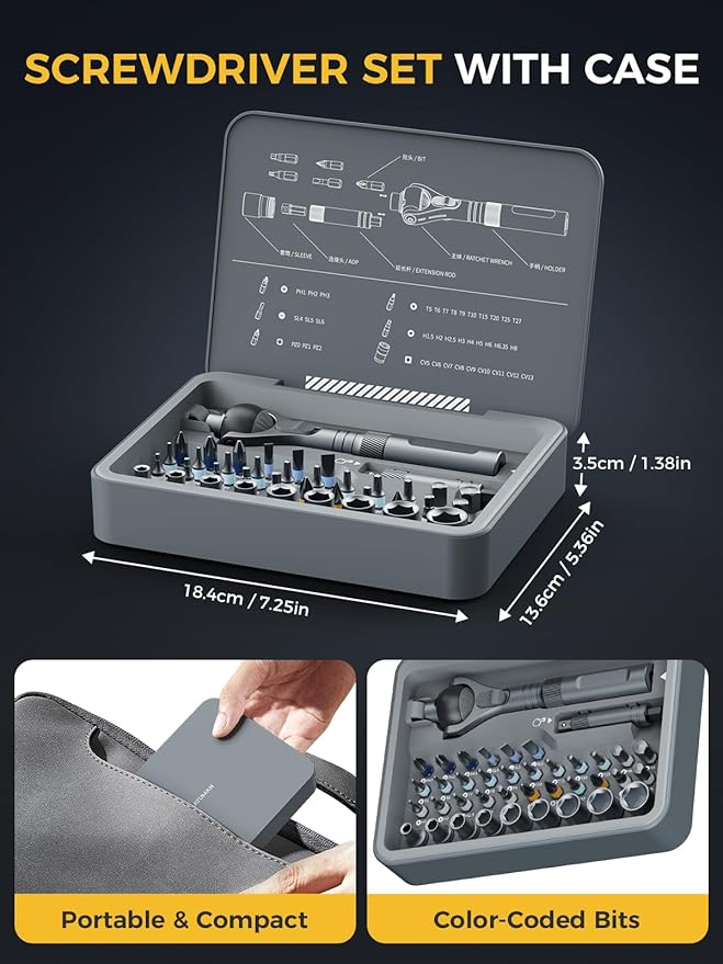 ATuMan RS2 40 In 1 Screwdriver Set, Multi Ratchet Screwdriver Set Magnetic Quick-Release S2 Steel Bit with Case 45-Tooth 1/4 Small Ratchet Kit for Diy/Auto/Home/Repair