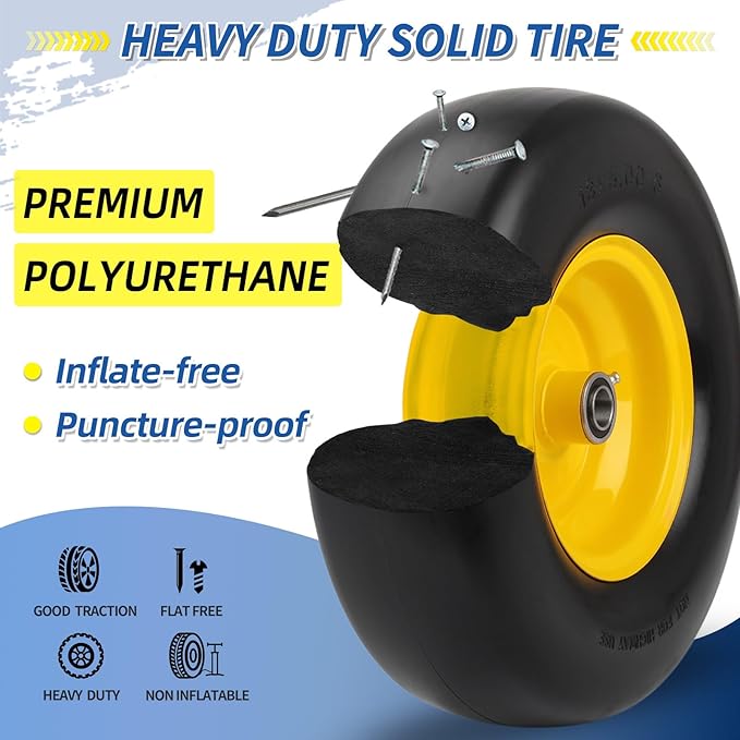 13x5.00-6 Flat Free Lawn Mower Tire and Wheel, Smooth Tread Tire for Lawnmower, Bearing Bore Hole 3/4" & 5/8, 3.25"-5.9" Centered Hub, 2 PCS