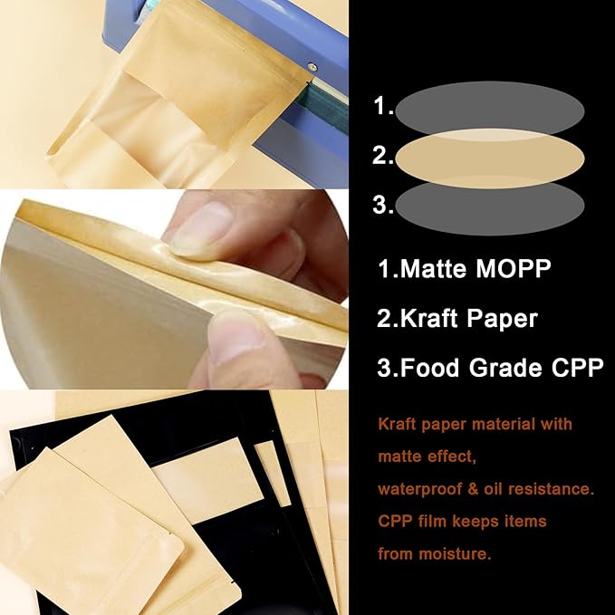 100 PCS Resealable Bags, Stand Up Kraft Paper Bags with Matte Window, Zipper Lock Food Storage Bags for Small Business and Home, 4.72 * 7.87 Inch Reusable Sealable Bags for Packaging
