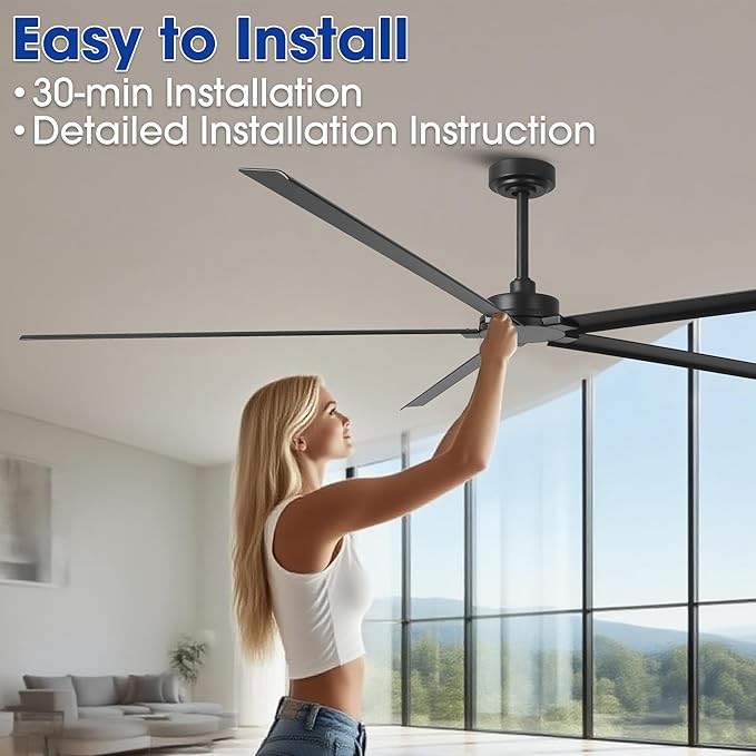 84 Inch Ceiling Fans without Lights, Waterproof Outdoor Ceiling Fans with Remote, Industrial Black Ceiling Fan No Light with 6-Speed Reversible DC Motor for Patios Shop Garage, 5 Aluminum Blades