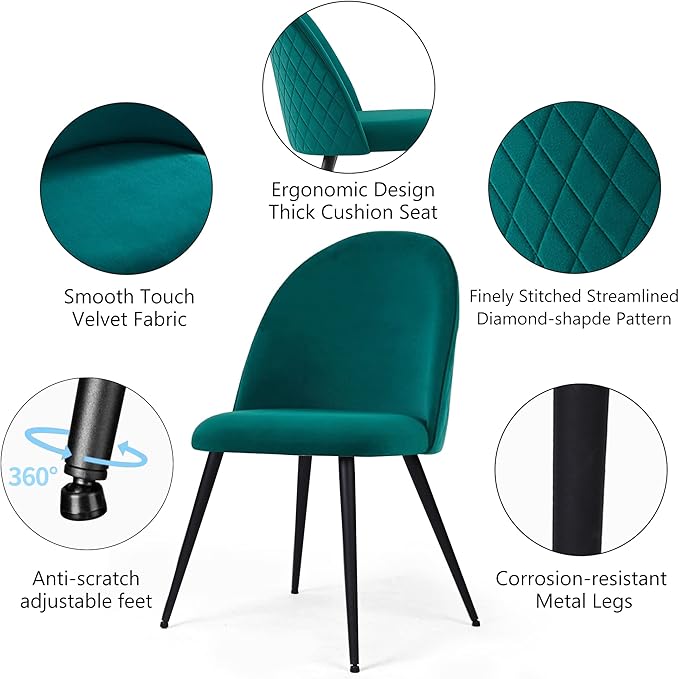 Modern Kitchen Table with Chairs Upholstered Set for 4, Stylish Brown Dining Table Wooden with Dark Green Velvet Dining Side Chairs Comfy with Cushion Seat for Apartment, Living Room