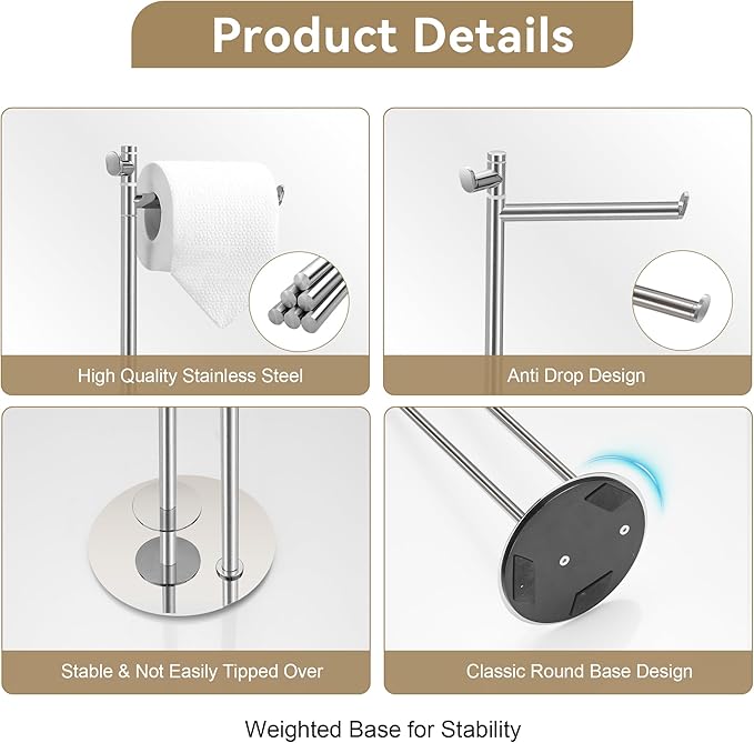 BGL Toilet Paper Holder Stand, SUS304 Stainless Steel Brushed Nickel, Weighted Base, Holds 5 Jumbo Rolls, Space-Saving Modern Bathroom Storage with Built-in Hook